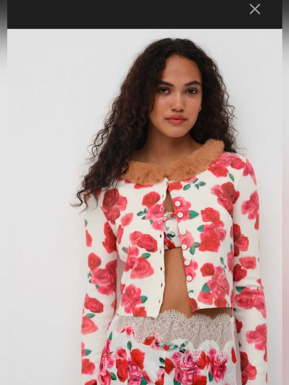 Floral Rose Print Cardigan with Faux Fur Collar